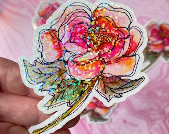 peony sticker, waterproof peony decal, watercolor peony, floral sticker, flower sticker, 4 x 2.5 inches, laptop sticker