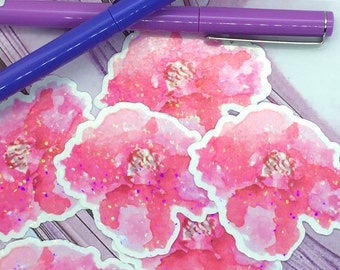 pink handpainted watercolor flower sticker, rainbow holographic glitter decal, waterproof glitter sticker, pink laptop sticker, hydroflask
