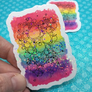 holographic glitter watercolor rainbow abstract sticker, waterproof vinyl sticker, rainbow aesthetic, laptop decal, circles sticker