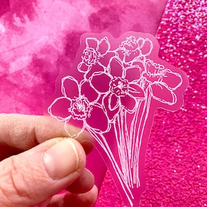 autocollant jonquille transparent, 3 x 2,5, autocollants imperméables, autocollant transparent, dessin au trait minimaliste, autocollant fleur, décalcomanie bouteille d&#39;eau, décoration jonquille