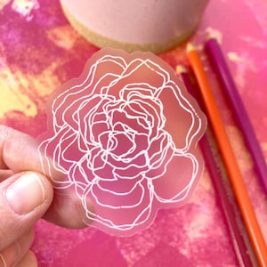 clear peony sticker, 2.9 x 2.75, waterproof sticker, clear decal, minimalist decor, white line art, floral sticker, clear hydroflask sticker