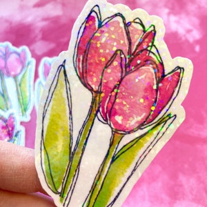 tulip sticker, 3.5 x 2, waterproof decal, spring holographic glitter sticker