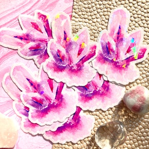 crystal sticker, gemstone sticker, rose quartz sticker, crystal cluster, crystal point, pink crystal, watercolor sticker, phone case decal
