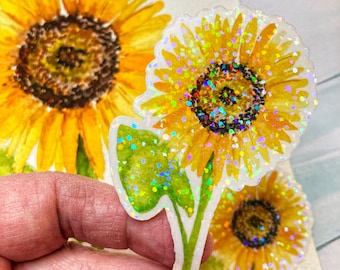 sunflower sticker, watercolor sticker, yellow flower sticker, sunflower gifts, sunflower decal, laptop decal, holo sticker, waterproof decal