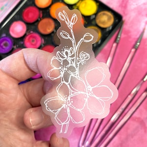 clear cherry blossom sticker, 3.3 x 1.75, waterproof decal, clear sticker, minimalist sticker, line art, flower sticker, water bottle decal