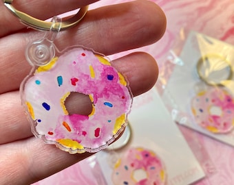 porte-clés donut rose avec paillettes, joli porte-clés créé à partir de ma peinture à l'aquarelle originale, doux porte-clés acrylique, cadeau de fête des mères