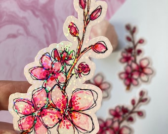 Cherry Blossom Sticker. Waterproof Sakura Decal for Hydroflask. Aesthetic Holo Glitter Sticker for Laptop, Skateboard, Cooler, Car Window