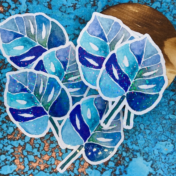 Monstera Leaf Sticker, Watercolor Plant Sticker, Leaf Sticker, Vinyl Sticker, Gift for Plant Lover, Vegan Stickers, Aqua Monstera Decal