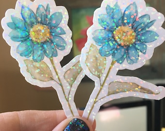 Glitter Daisy Stickers, Blue Daisy Sticker, Blue Sparkle Wildflower Decal, Blue Flower Decal, Waterproof Floral Sticker for Phone Cases