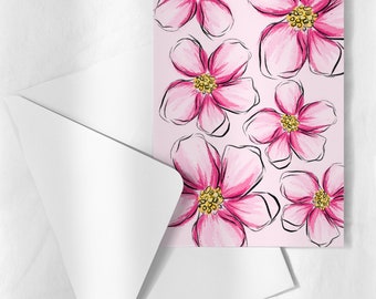 pink floral greeting card, pink flowers, spring greeting card, easter card, friendship card, birthday card, floral greeting card, flowers