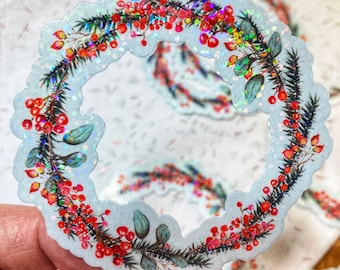Winter Wreath Sticker, Christmas Pine Wreath Decals, Holiday Berry Stickers, Laptop Decal, Watercolor