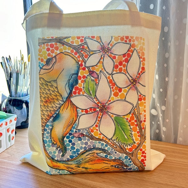 Handmade Canvas Tote Bag with My Original Watercolor Artwork, Koi Fish Floral Rainbow Themed Reusable Grocery Bag