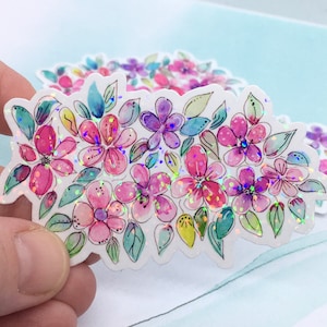 Pegatina de ramo de flores silvestres con purpurina, 3 x 1,75 pulgadas, flores de acuarela, calcomanía botánica holográfica, calcomanía para vaso, calcomanías impermeables