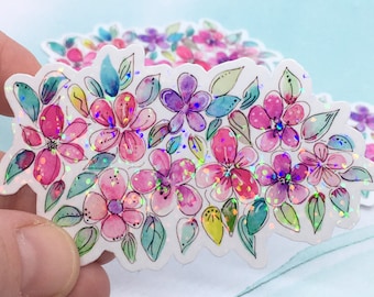 glitter wildflower bouquet sticker, 3 x 1.75 inches, watercolor flowers, holographic botanical decal, tumbler sticker, waterproof stickers