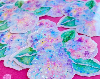 hydrangea sticker, 3.1 x 2.5 inches, sticker for hydroflask, vinyl flower sticker, waterproof decal, glitter stickers, rainbow stickers