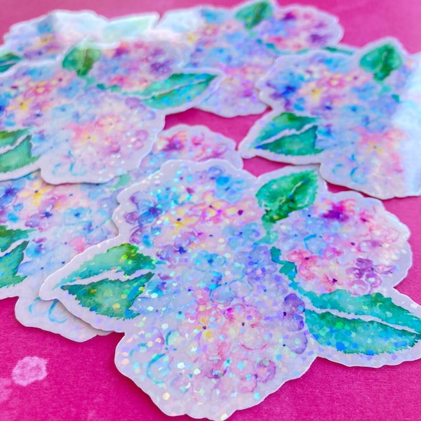 hydrangea sticker, 3.1 x 2.5 inches, sticker for hydroflask, vinyl flower sticker, waterproof decal, glitter stickers, rainbow stickers