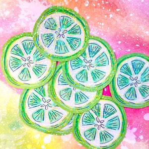 lime slice sticker, citrus sticker, fruit sticker, vinyl lime sticker, glitter stickers, watercolor sticker, 2 inch stickers, handmade