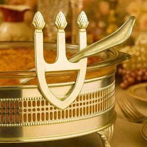 May include: A gold-colored serving dish with a decorative handle and spoon. The dish has a glass insert and sits on ornate feet. The handle features three decorative finials. The dish is likely used for serving food at a formal event.