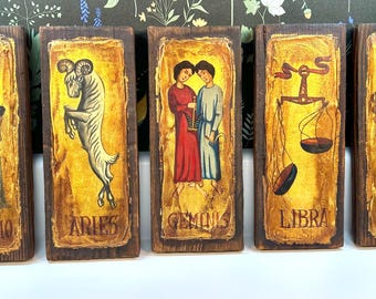 Vintage Handpainted Spanish La Vieja Folk Art Zodiac Wood Wall Plaques - Choose Your Sign