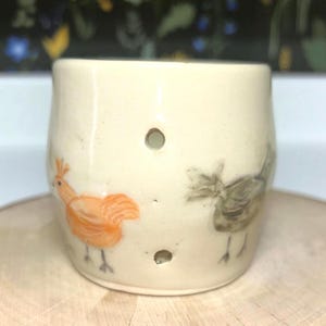 May include: A small, cream-colored ceramic planter with two hand-painted chickens. The planter has several drainage holes and is perfect for small plants.