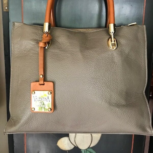 Valentina (Made In Italy) Taupe Brown Pebbled Leather Shoulder, Crossbody & Top Handle Bag Model #1748 With Logo Charm Tag Attached!