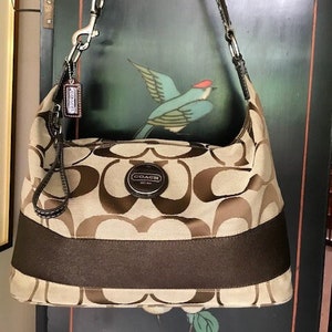 Coach Signature Canvas With Dark Brown Stripe Hobo Shoulder Bag