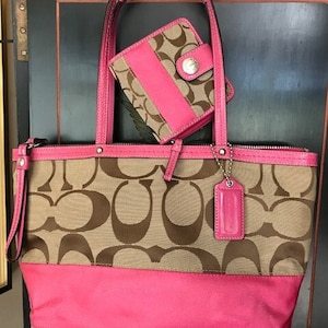 Coach Brown Signature Jacquard Vibrant Pink Stripe Tote 