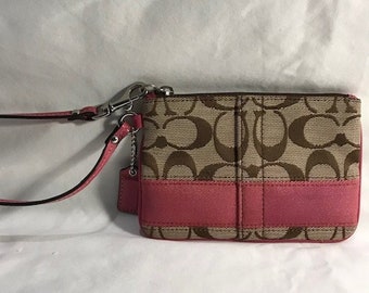 Coach Brown Signature Canvas With Pink Stripe And Logo Charm Tag Attached!