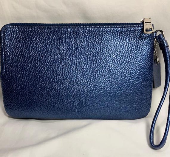 Coach Navy Blue Metallic Pebbled Leather Double Corner Zip
