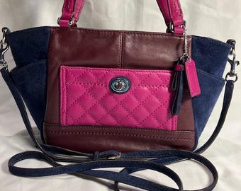 Coach "Park" Maroon & Hot Pink Leather With Navy Blue Suede Mini Tote Bag # F1320-F49865 With Logo Charm Tag Attached!
