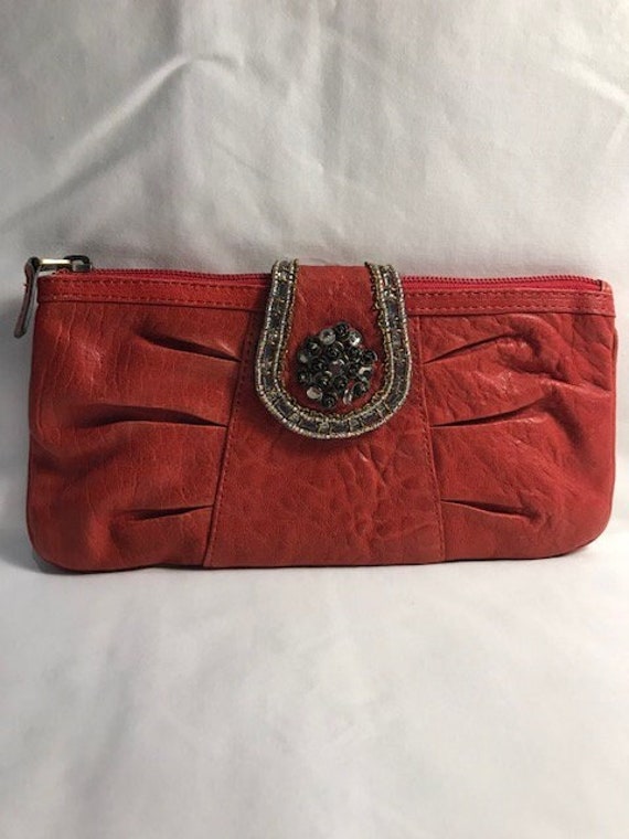 Fossil Beautiful Beaded Red Lamb Leather Clutch Pu