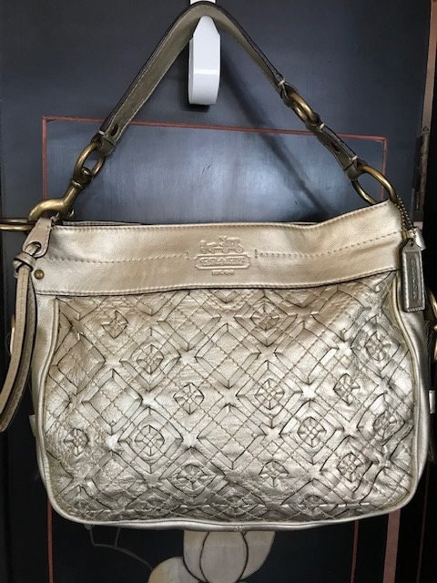 Coach Grey Signature Canvas and Patent Leather Zoe Hobo Coach