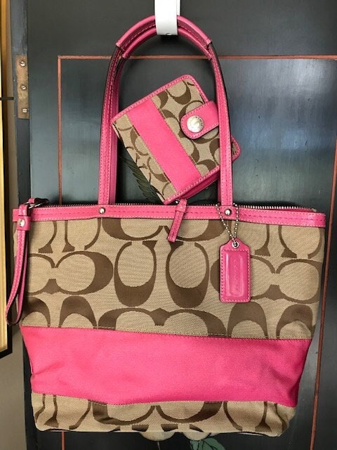 Coach Brown Signature Jacquard Vibrant Pink Stripe Tote 