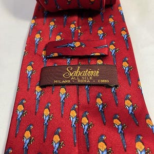 Sabatini Handmade All Silk Imported Red With Blue Parrots Men&#39;s Necktie!