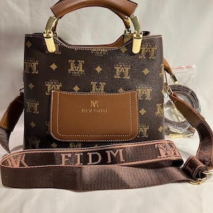 FIDM (Fashion Institute Design Mfg) Brown Signature Wrist, Shoulder and Cross Body Handbag