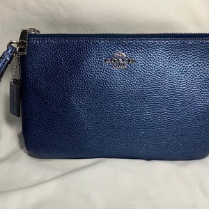 Coach Navy Blue Metallic Pebbled Leather Double Corner Zip