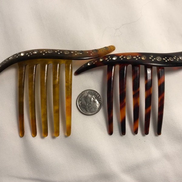Vintage Hair Combs - Pair Faux Tortoise Shell With Stones!
