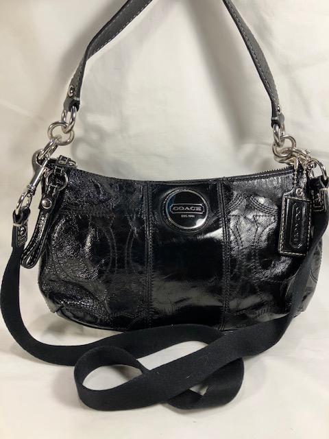 バッグ Coach Embossed Leather Signature Handbag COACH Top Handle Embossed Signature Blue Patent Leather