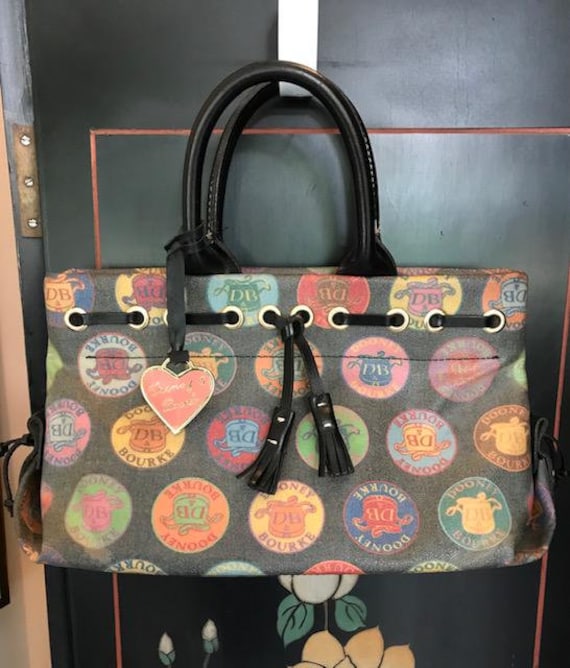 Dooney Bourke Very Rare Colorful Logo Emblem Bag with Drawstring Tassels B6288615 with Logo Charm Tag Attached