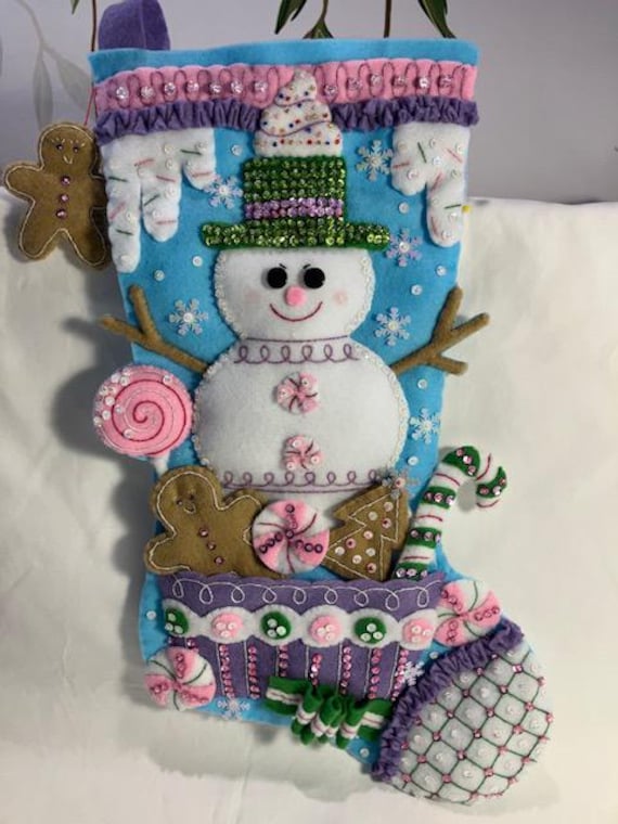 Bucilla Finished Kit - Handcrafted Felt -"Snowman's Candy Confections" Christmas Stocking - Never Used! 18" Completed