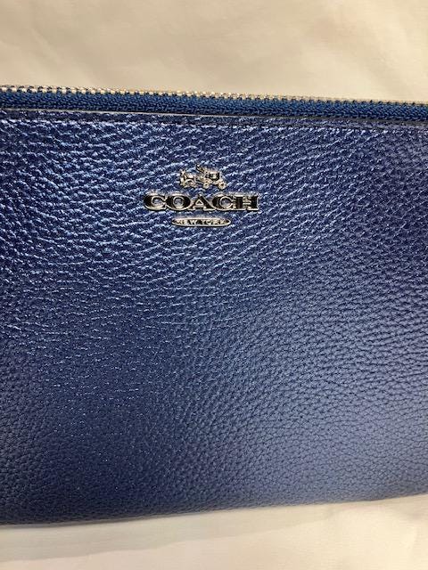 Coach Navy Blue Metallic Pebbled Leather Double Corner Zip