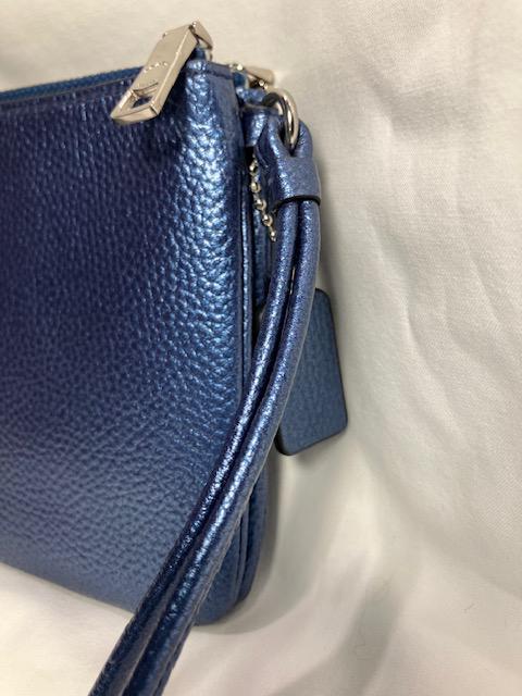 Coach Navy Blue Metallic Pebbled Leather Double Corner Zip