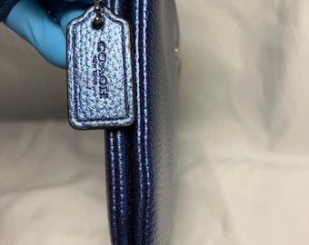 Coach Navy Blue Metallic Pebbled Leather Double Corner Zip