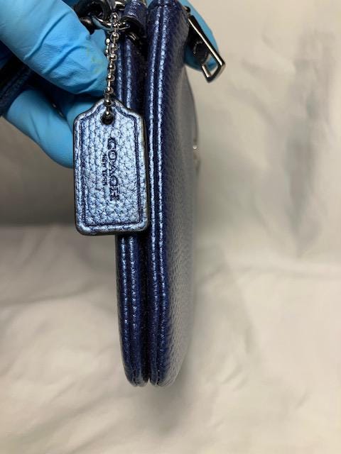 Coach Navy Blue Metallic Pebbled Leather Double Corner Zip