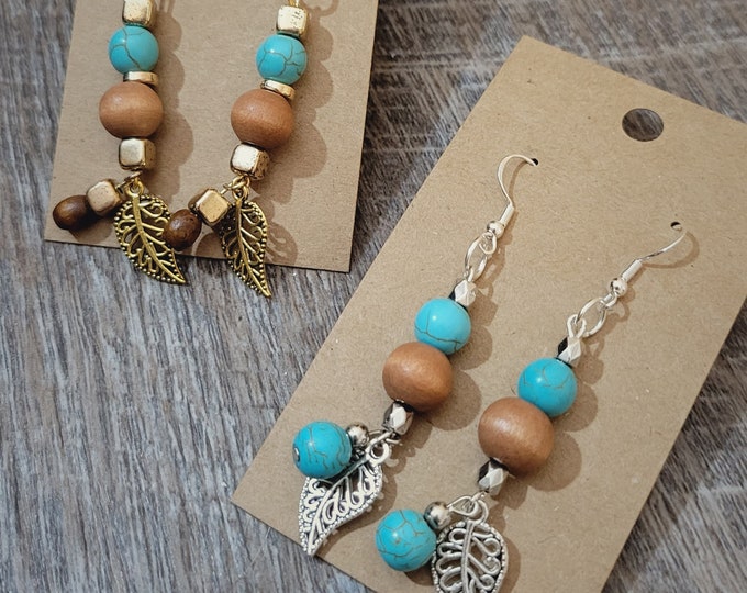 Turquoise and Wood Bead Earrings | Leaf Charm Earrings | Boho Earrings