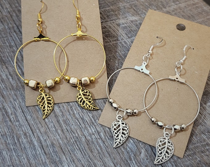 Hoop Earrings | Boho Style Hoop Earrings | Leaf Charm | Available in Silver and Gold
