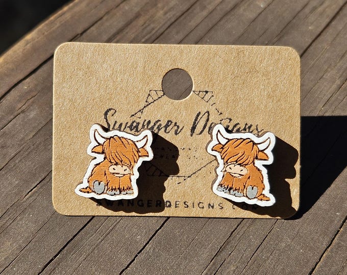 Highland Cow Painted Wood Stud Earrings