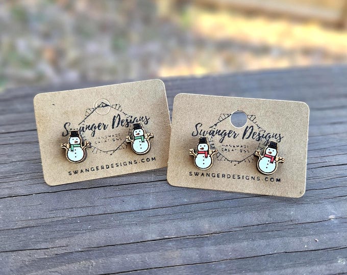Christmas Snowman Studs with Red or Green Scarf | Hypoallergenic Hand-Painted Wood Earrings