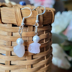 Rose Quartz Earrings | Dangle Drop Earrings | Raw Cut Gemstone Earrings