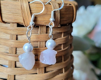 Raw Rose Quartz Dangle Earrings with Pearl Accent